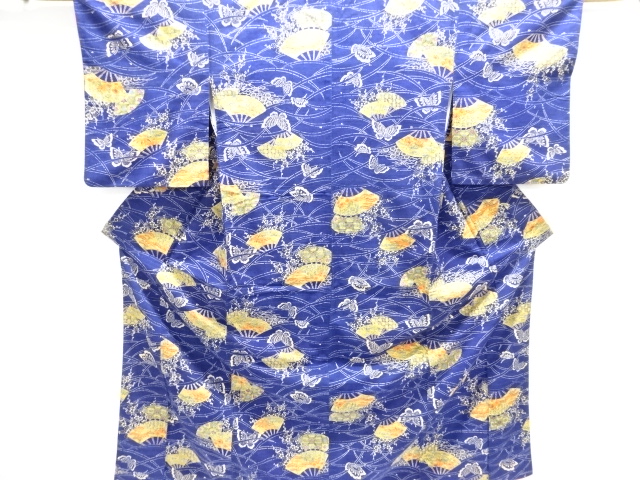 扇に蝶模様手織り紬着物